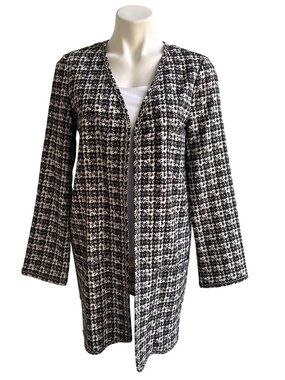 Max Studio Women's Black and White Houndstooth Duster Jacket Long Sleeves Size M
